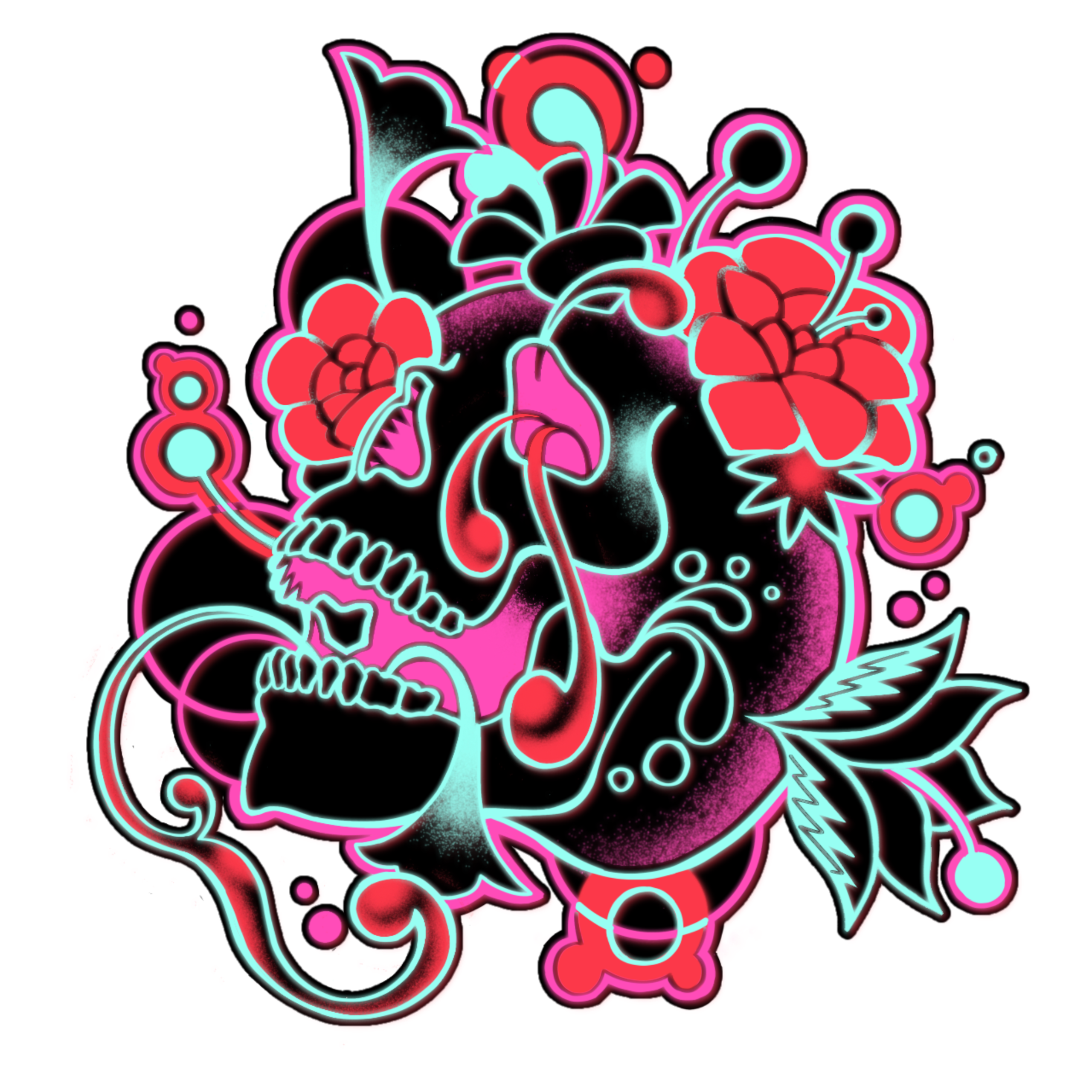 A stylized drawing of a skull and flowers